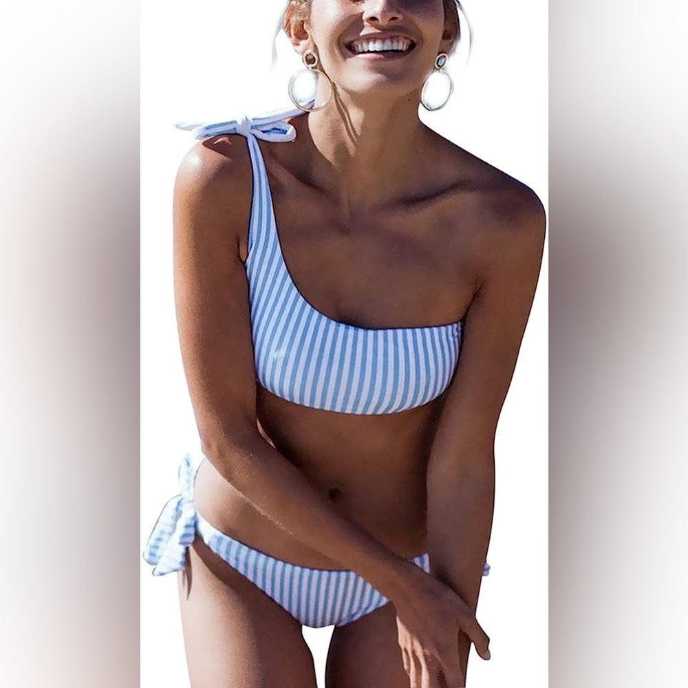 Blue striped swimsuit set, one shoulder top and adjustable bottoms